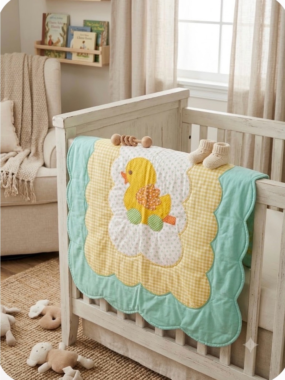 Handmade Vintage Baby Quilt Yellow Duck Scalloped Border